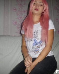 Mesmerizing pink-haired friend shows me her goods