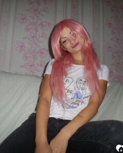 Mesmerizing pink-haired friend shows me her goods
