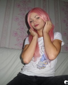Mesmerizing pink-haired friend shows me her goods