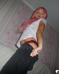 Mesmerizing pink-haired friend shows me her goods