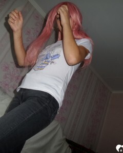 Mesmerizing pink-haired friend shows me her goods